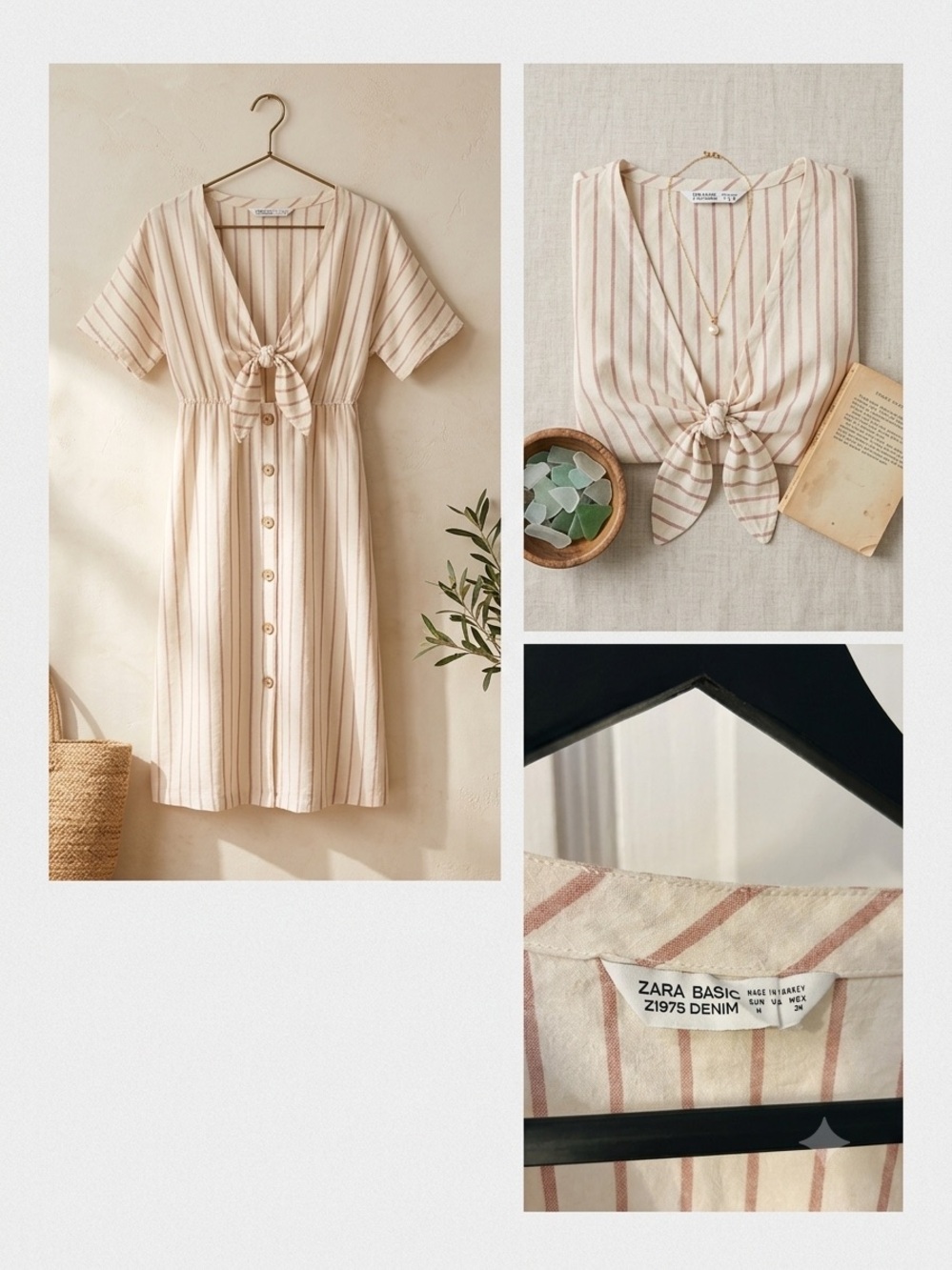 ZARA Striped Tie-Front Linen-Blend Midi Dress - Size Medium